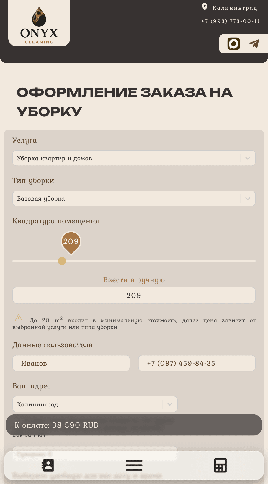 Мобильная форма оформления заказа ONYX CLEANING